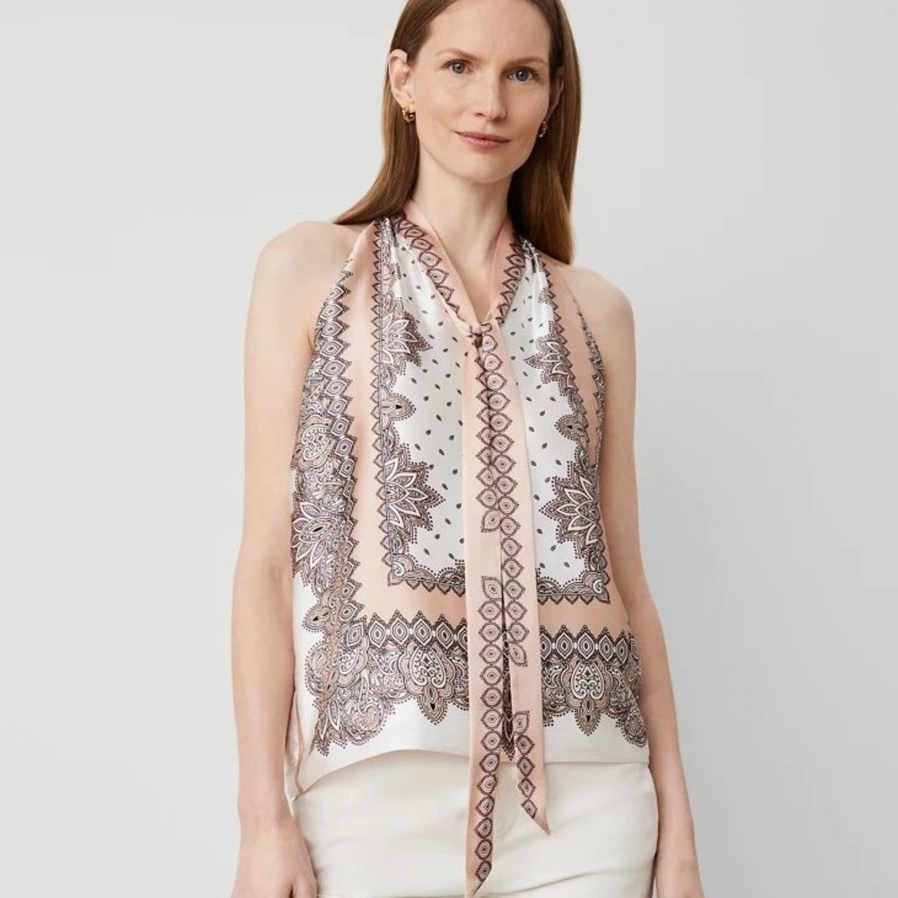 Ann Taylor Halter Top‎ XXL Pink Paisley Bandana Print Tie Neck Sleeveless